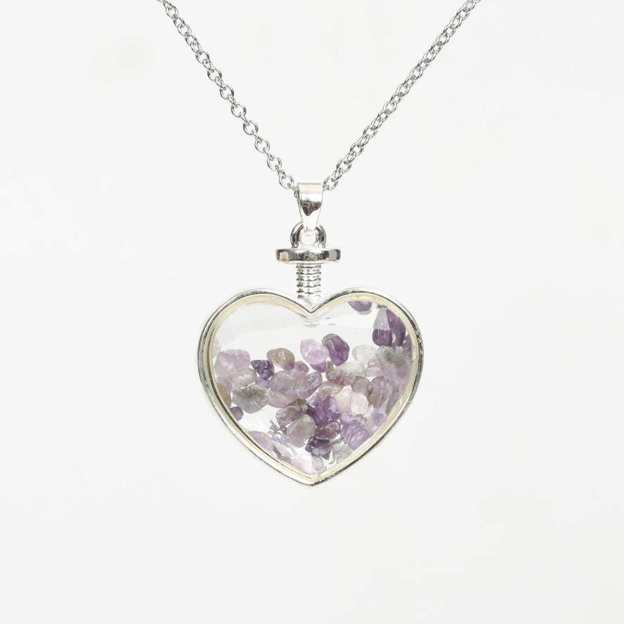 Crystal Chips In Heart Glass Pendant Necklace